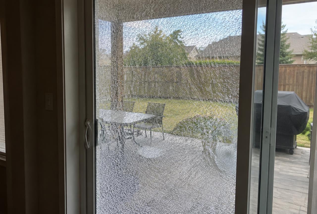 Patio door with shattered tempered glass before replacement