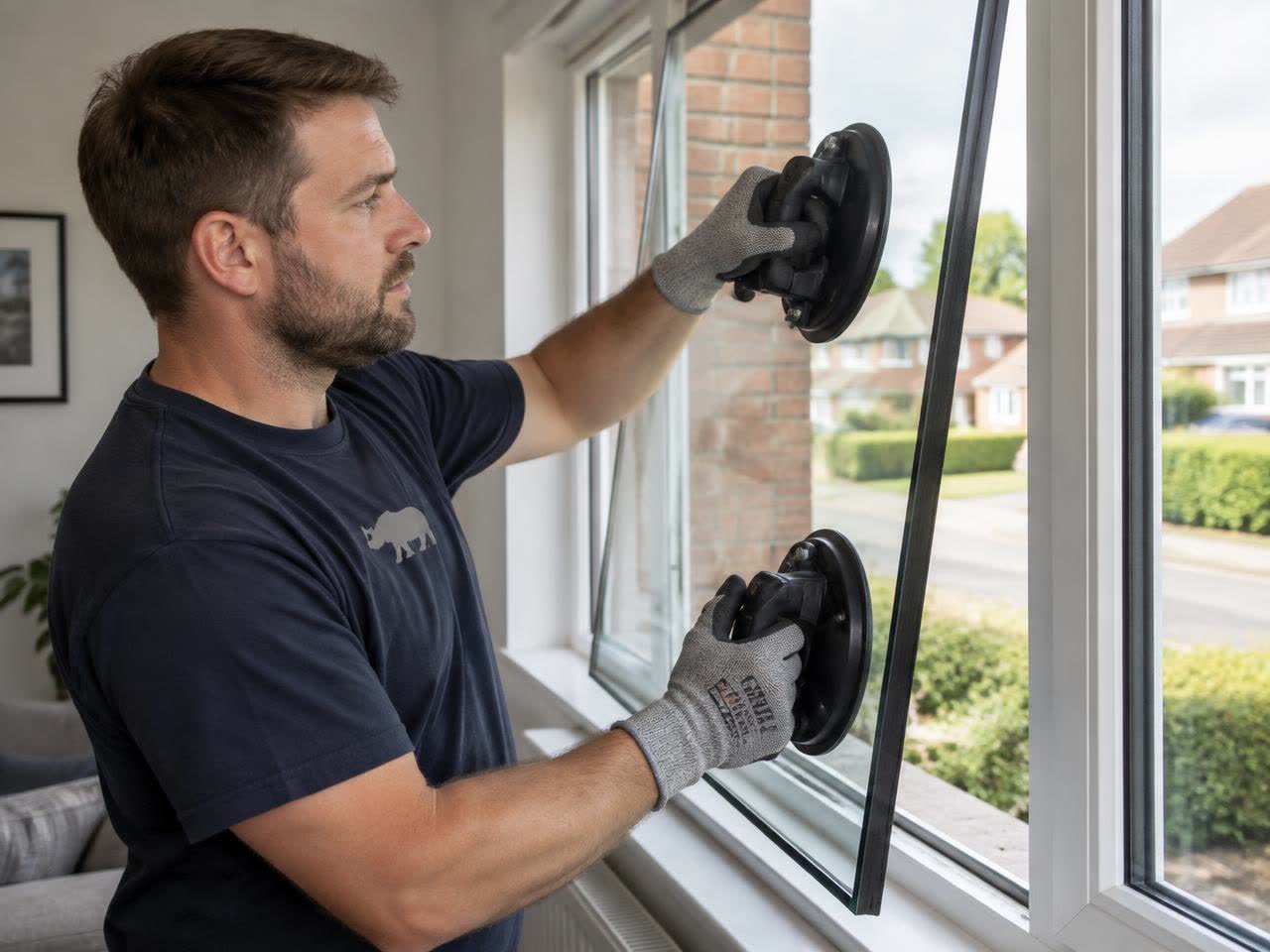 One glazier setting a new pane of house window glass with suction handles